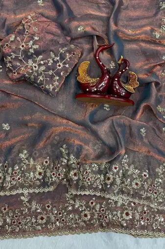 Grey Color Embroidered Chiffon Saree