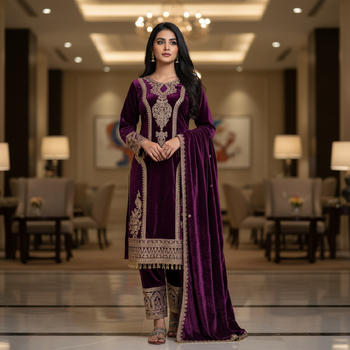 Purple velevt fabric designer embroidery work suit 1