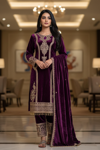 Purple color velevt fabric designer embroidery work suit