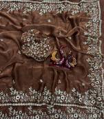 Brown Color Embroidered Chiffon Saree