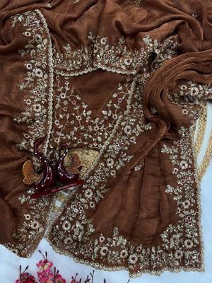 Brown Color Embroidered Chiffon Saree 2