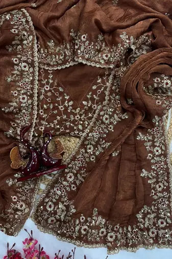 Brown Color Embroidered Chiffon Saree