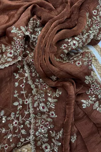 Brown Color Embroidered Chiffon Saree
