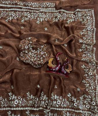 Brown Color Embroidered Chiffon Saree 4