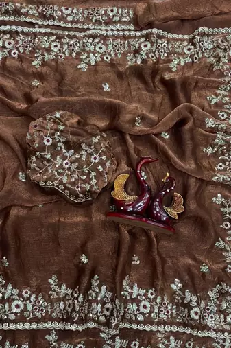 Brown Color Embroidered Chiffon Saree