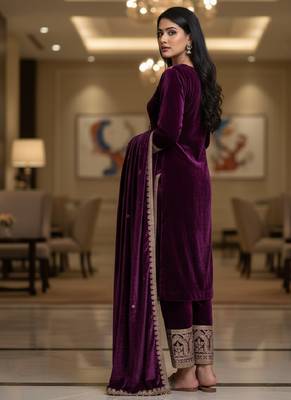 Purple velevt fabric designer embroidery work suit 3