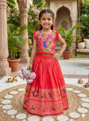 red soft silk paithani design pattu pavadai for girls ethnic wear 1