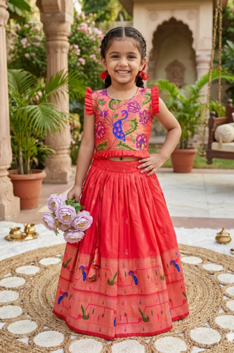 red soft silk paithani design pattu pavadai for girls ethnic wear