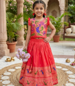 red soft silk paithani design pattu pavadai for girls ethnic wear