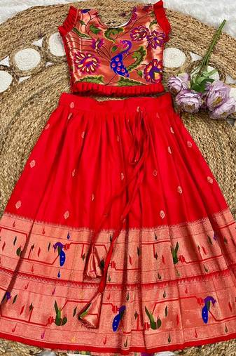 red soft silk paithani design pattu pavadai for girls ethnic wear