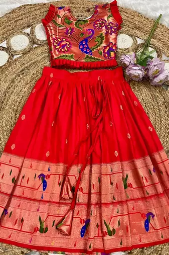 red soft silk paithani design pattu pavadai for girls ethnic wear