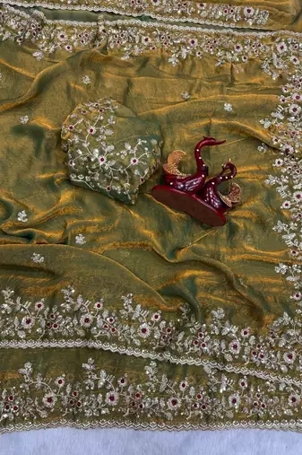 Green Color Embroidered Chiffon Saree