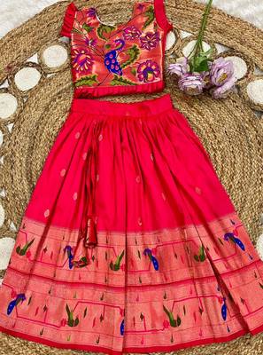 red soft silk paithani design pattu pavadai for girls ethnic wear 2