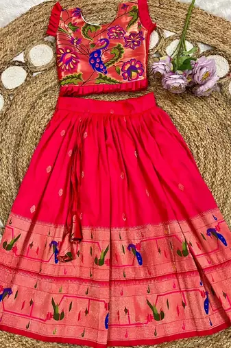 red soft silk paithani design pattu pavadai for girls ethnic wear