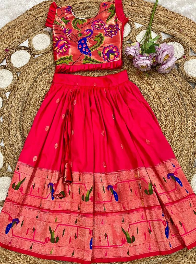 red soft silk paithani design pattu pavadai for girls ethnic wear