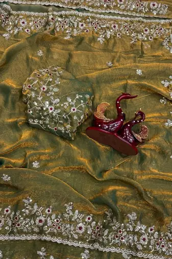 Green Color Embroidered Chiffon Saree