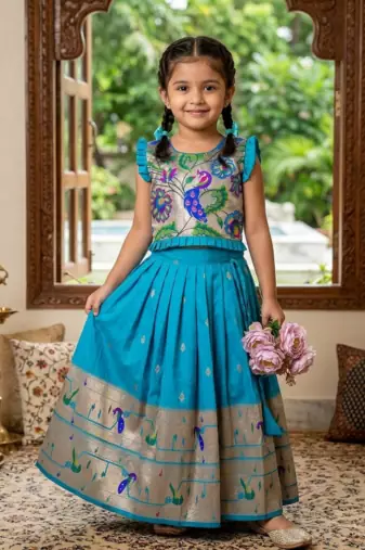 firozi soft silk paithani design pattu pavadai for girls ethnic wear