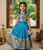 firozi soft silk paithani design pattu pavadai for girls ethnic wear