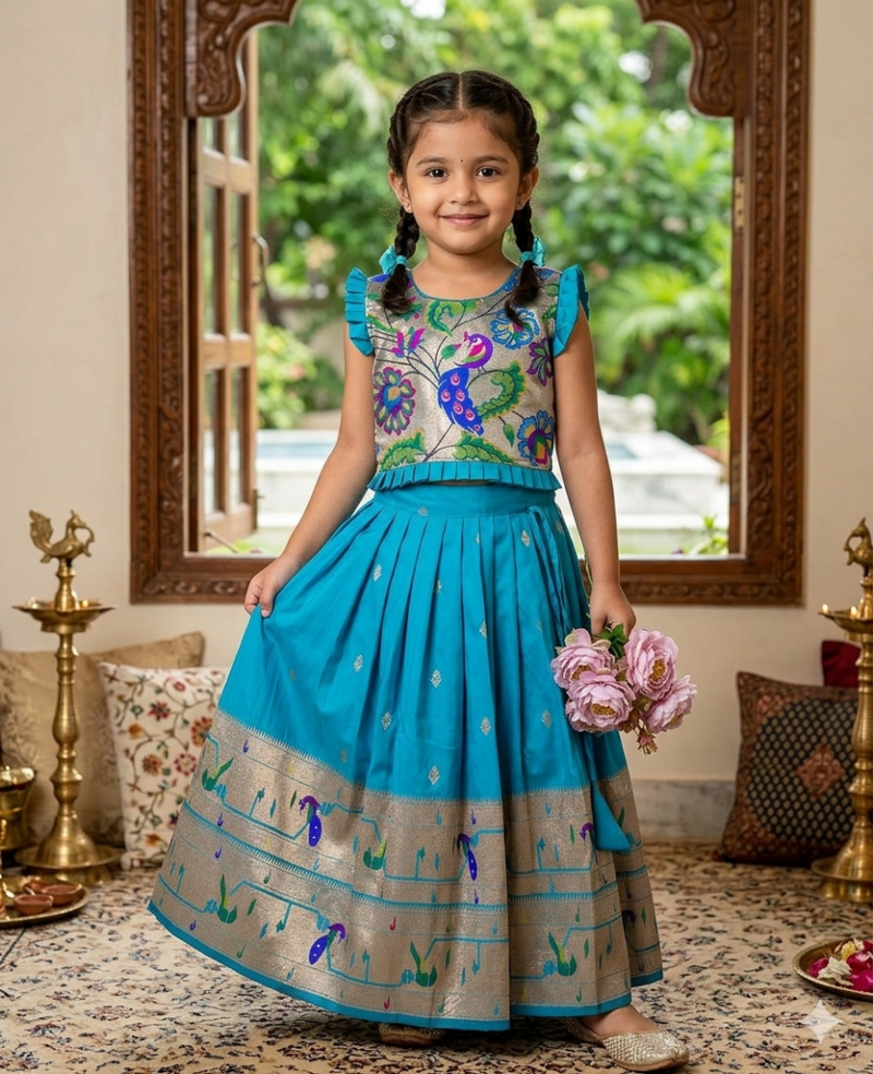 firozi soft silk paithani design pattu pavadai for girls ethnic wear
