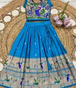 firozi soft silk paithani design pattu pavadai for girls ethnic wear