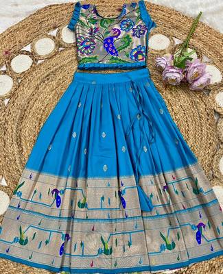 firozi soft silk paithani design pattu pavadai for girls ethnic wear 2