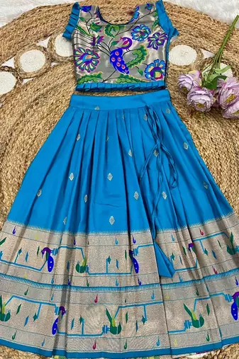 firozi soft silk paithani design pattu pavadai for girls ethnic wear