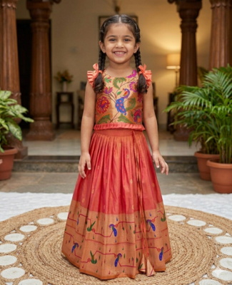 coral soft silk paithani design pattu pavadai for girls ethnic wear 1