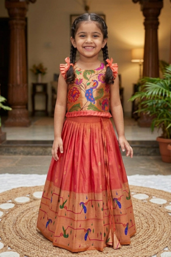 coral soft silk paithani design pattu pavadai for girls ethnic wear