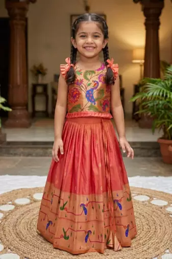 coral soft silk paithani design pattu pavadai for girls ethnic wear