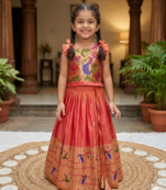coral soft silk paithani design pattu pavadai for girls ethnic wear