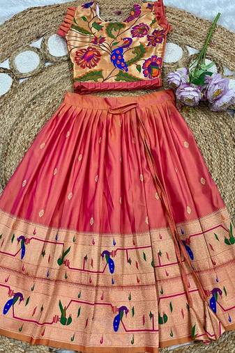 coral soft silk paithani design pattu pavadai for girls ethnic wear