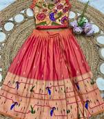 coral soft silk paithani design pattu pavadai for girls ethnic wear