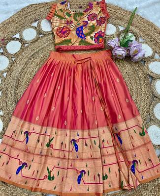 coral soft silk paithani design pattu pavadai for girls ethnic wear 2