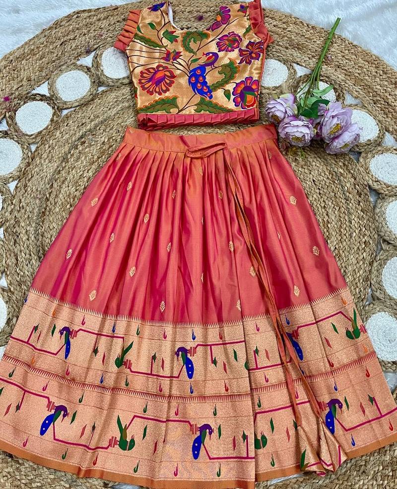 coral soft silk paithani design pattu pavadai for girls ethnic wear