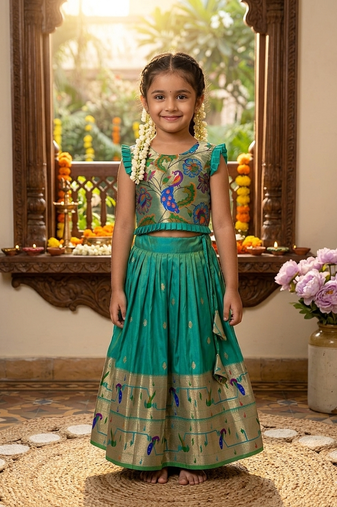 bottlegreen soft silk paithani design pattu pavadai for girls ethnic wear