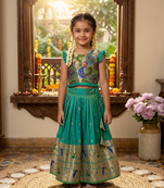 bottlegreen soft silk paithani design pattu pavadai for girls ethnic wear