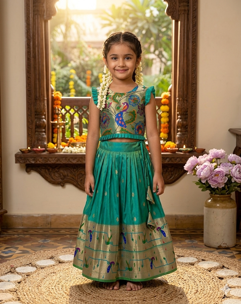bottlegreen soft silk paithani design pattu pavadai for girls ethnic wear