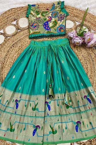 bottlegreen soft silk paithani design pattu pavadai for girls ethnic wear