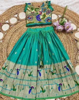 bottlegreen soft silk paithani design pattu pavadai for girls ethnic wear 2