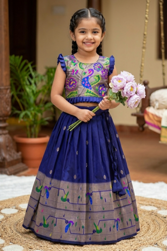 navyblue soft silk paithani design pattu pavadai for girls ethnic wear