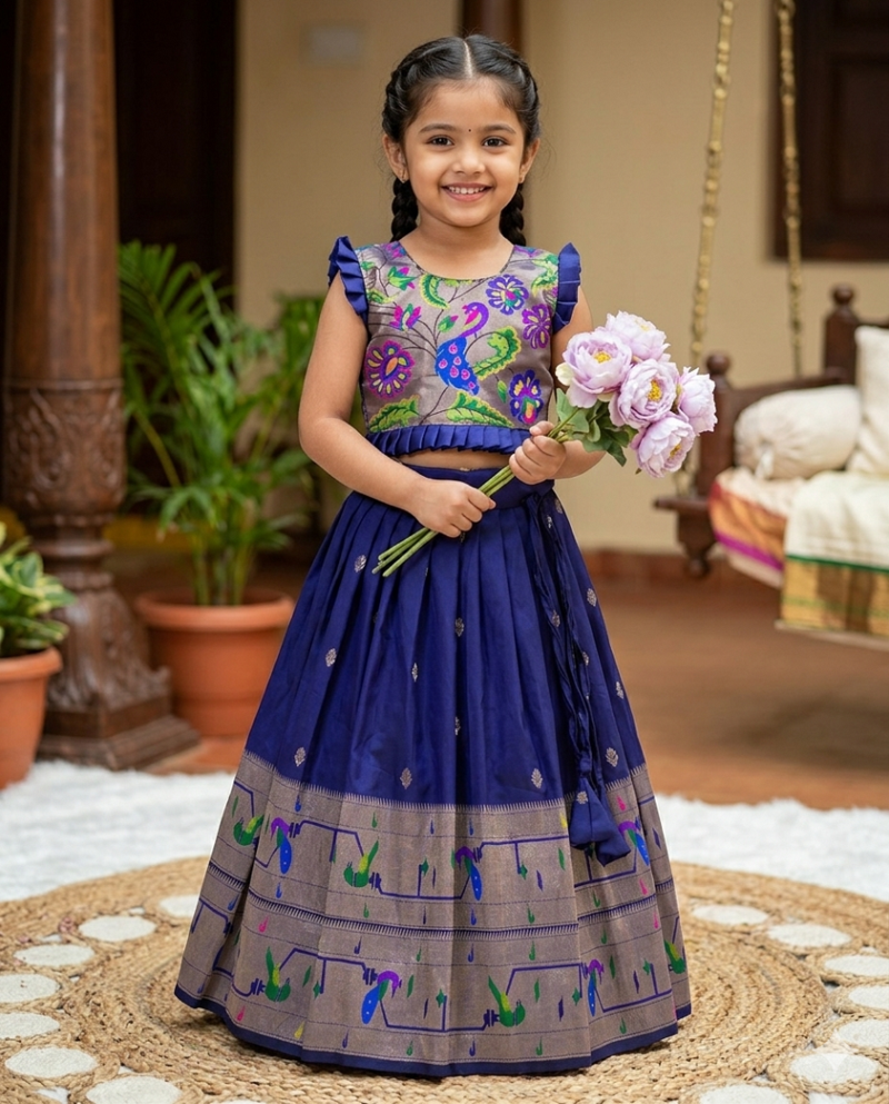 navyblue soft silk paithani design pattu pavadai for girls ethnic wear