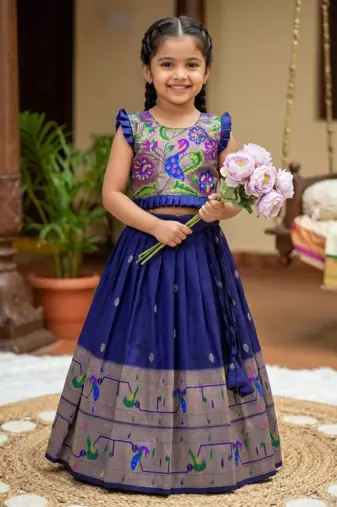 navyblue soft silk paithani design pattu pavadai for girls ethnic wear