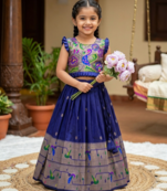 navyblue soft silk paithani design pattu pavadai for girls ethnic wear