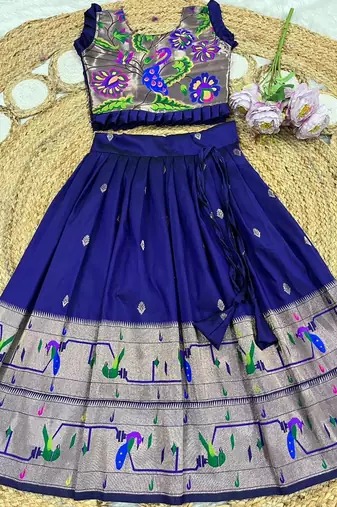 navyblue soft silk paithani design pattu pavadai for girls ethnic wear