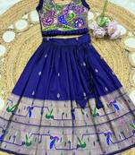 navyblue soft silk paithani design pattu pavadai for girls ethnic wear