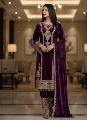 Purple velevt fabric designer embroidery work suit 4