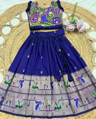 navyblue soft silk paithani design pattu pavadai for girls ethnic wear 2