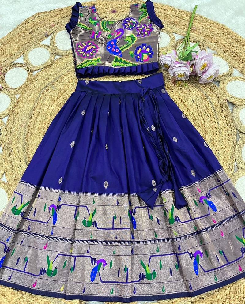 navyblue soft silk paithani design pattu pavadai for girls ethnic wear