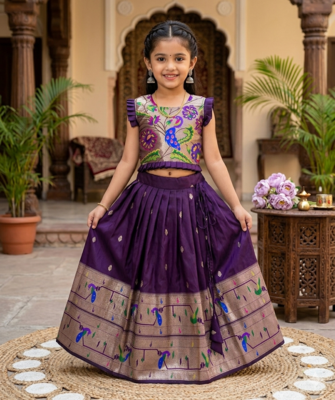 wine soft silk paithani design pattu pavadai for girls ethnic wear 1