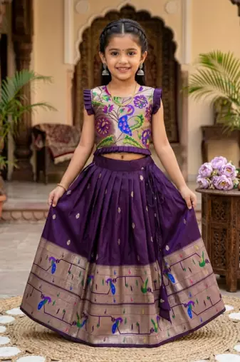wine soft silk paithani design pattu pavadai for girls ethnic wear